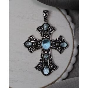 Sterling Scroll Blue Topaz Cabochons Large Cross Pendant 19.28G / 2.6in